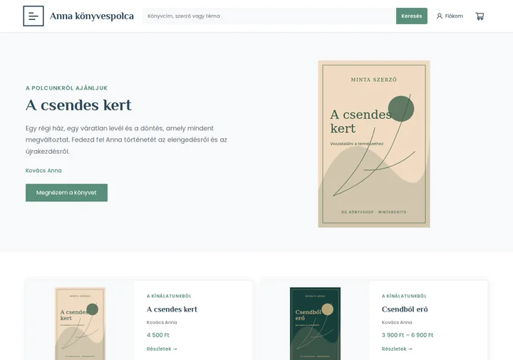 Bookshelf – Az eredeti sablon alapján kialakított DG Könyvshop, bemutató tartalommal
